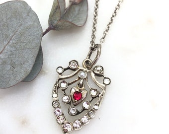 Antique Victorian Sterling Silver & Paste Heart Pendant Necklace