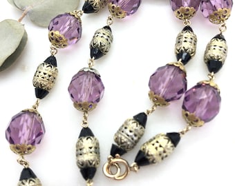 Vintage Czech Purple Glass & Filigree Beads Necklace