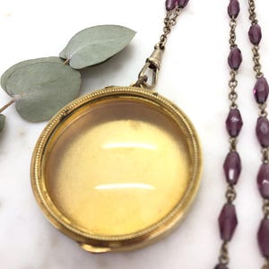 Large Antique Brass & Glass Trinket Photo Locket Pendant Necklace