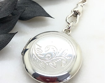 1920’s Art Deco Sterling Silver Round Locket Fob Pendant Necklace