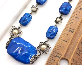 Collier Ancien Perles Bleues Pâte De Verre - Style Louis Rousselet Vintage