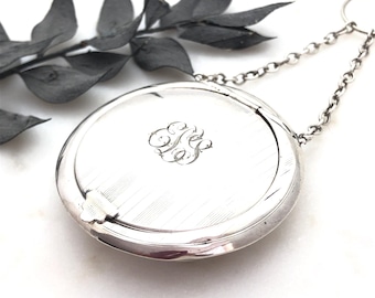 1920’s Art Deco Sterling Silver Chatelaine Powder Compact Locket Necklace 1917