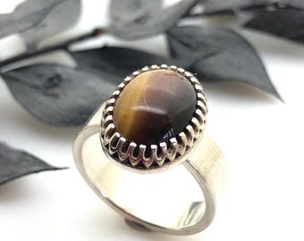Vintage Sterling Silver & Tigers Eye Statement Ring 1975 | Size UK M