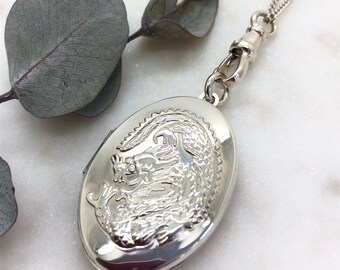 Vintage Sterling Silver Lucky Dragon Locket Fob Pendant Necklace