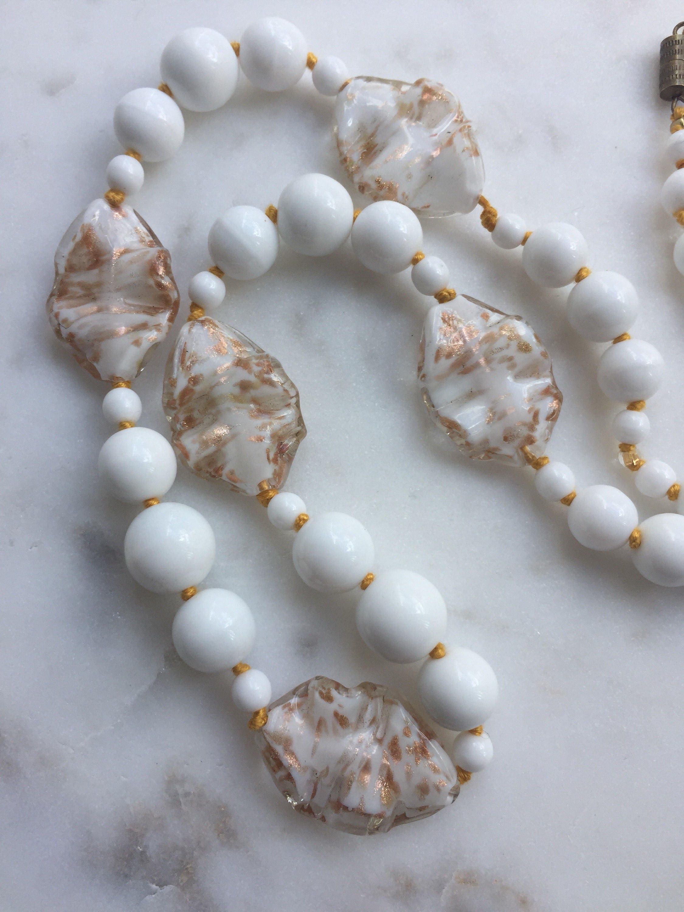 1930's White Murano Aventurine Glass Beads Necklace Etsy UK
