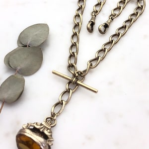 Antique Victorian Brass Double Albert Watch Chain with Fob | Collar Necklace