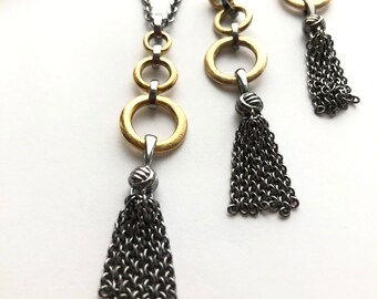 Sterling Silver Oxidised & Gold Vermeil Tassel Pendant and Earring Set