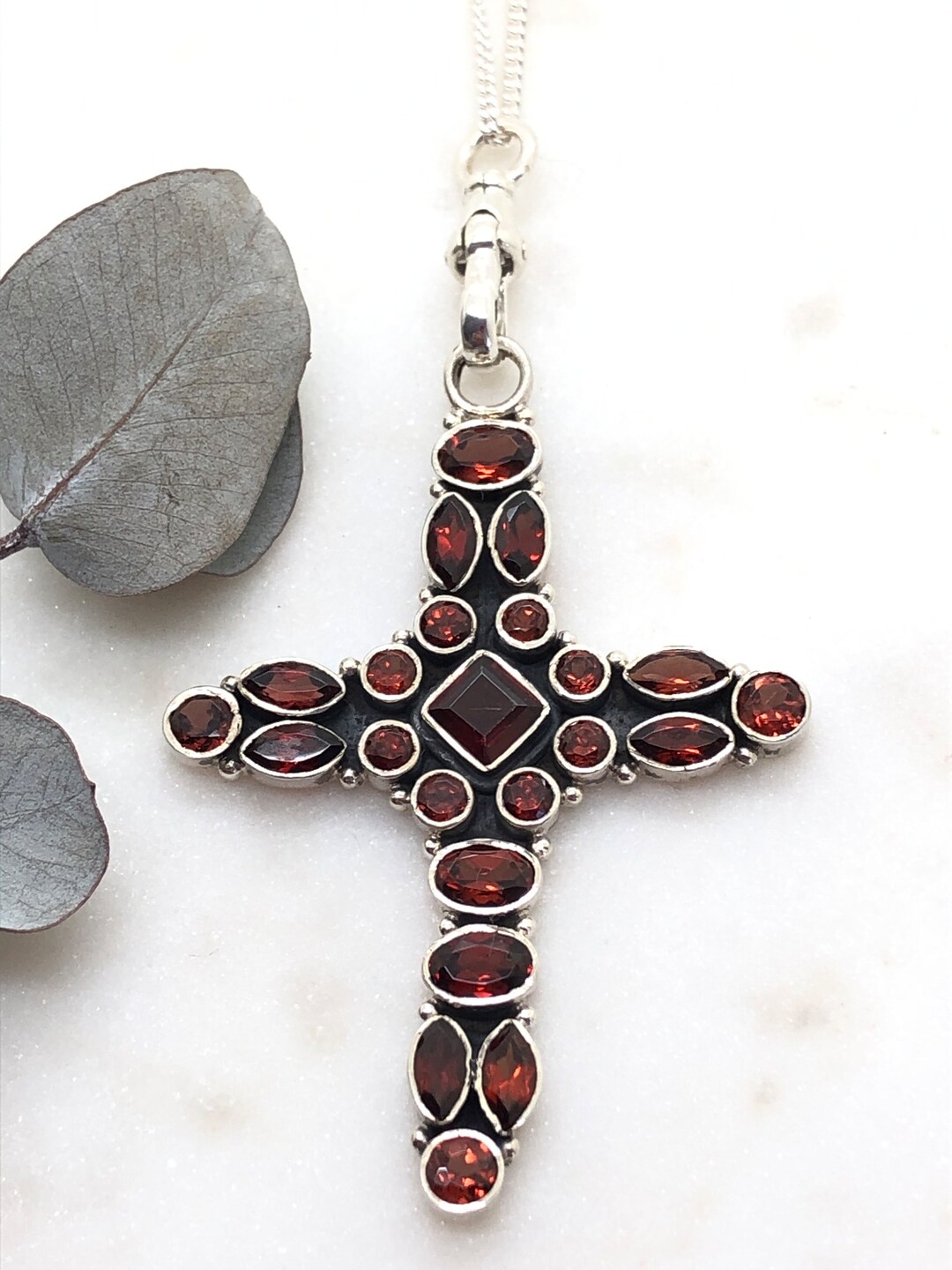 Large Vintage Sterling Silver Garnet Cross Fob Pendant Necklace - Etsy