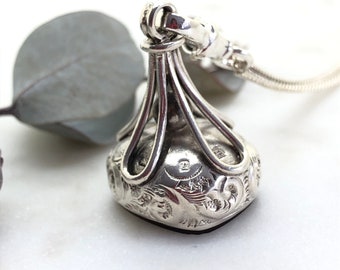 Antique Victorian Sterling Silver & Agate Fob Pendant Necklace | 1898