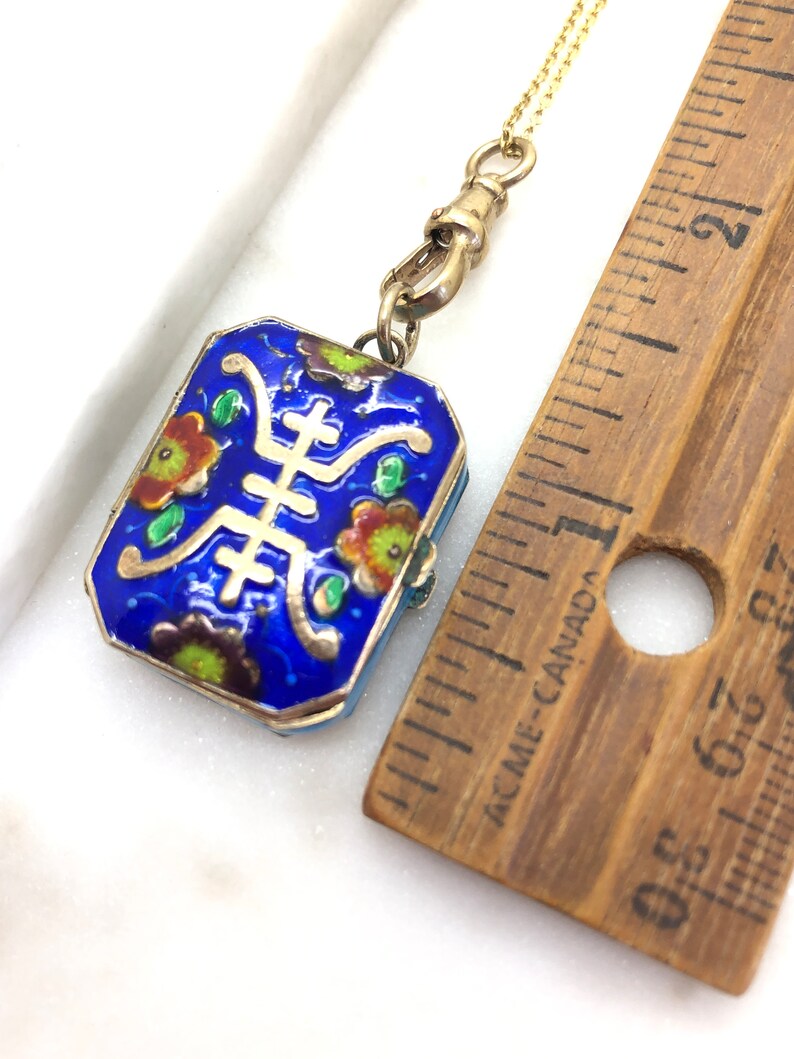 Vintage sterling zilver verguld cloisonné emaille medaillon Fob hanger ketting afbeelding 8