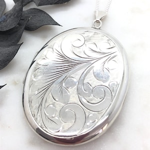 Extra Large Vintage Sterling Silver Engraved Locket Pendant Necklace