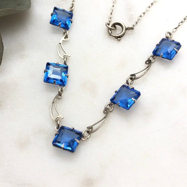 1920’s Art Deco Sterling Silver & Blue Paste Stone Necklace