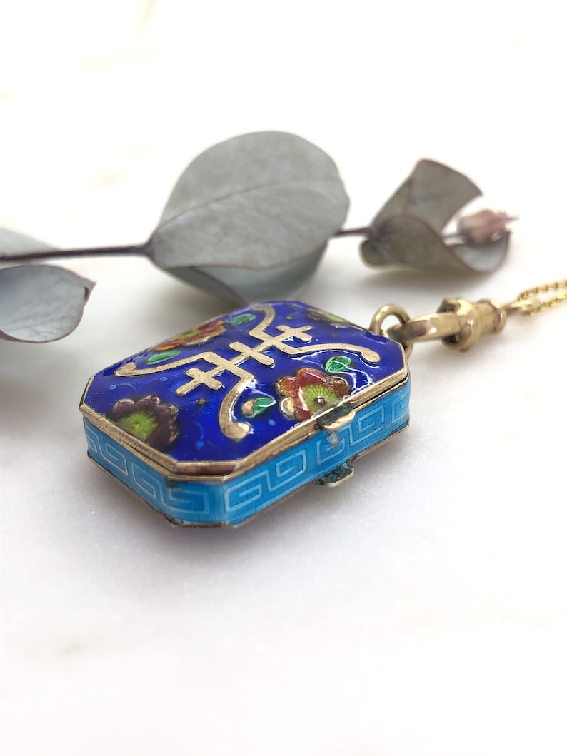 Vintage sterling zilver verguld cloisonné emaille medaillon Fob hanger ketting afbeelding 7