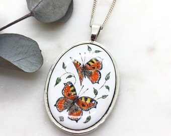 Vintage Sterling Silver Porcelain Butterfly Pendant Necklace