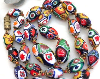 Vintage Venetian Moretti Millefiori Glass Beads Necklace