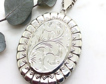 Extra Large Vintage Sterling Silver Oval Locket Pendant Necklace 1975