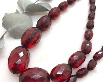 Antique Cherry Bakelite Faceted Beads Long Necklace
