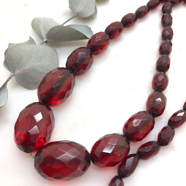 Antique Cherry Bakelite Faceted Beads Long Necklace