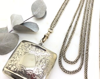 Antique Victorian Compact Locket & Long Guard Muff Chain Pendant Necklace