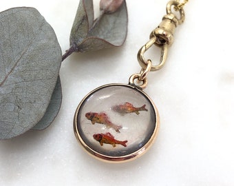 Antique Reversed Carved Goldfish Glass Ball Pendant Necklace