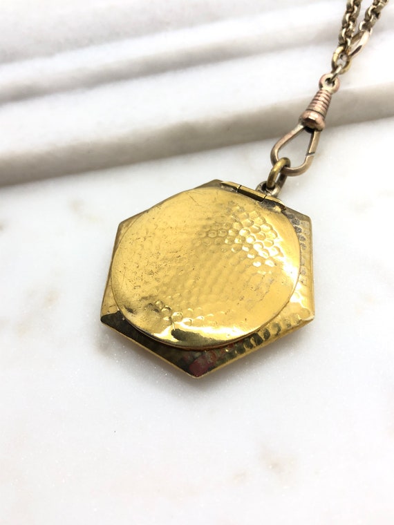 1920’s Art Deco Brass Locket Compact Pendant Neckl