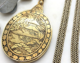 Antique Large Slide Mirror Locket Pendant on Long Guard Muff Chain