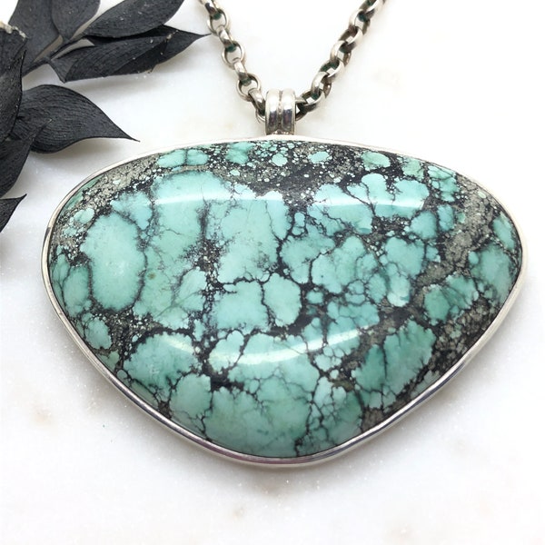 Extra Large Sterling Silver & Natural Turquoise Pendant Necklace