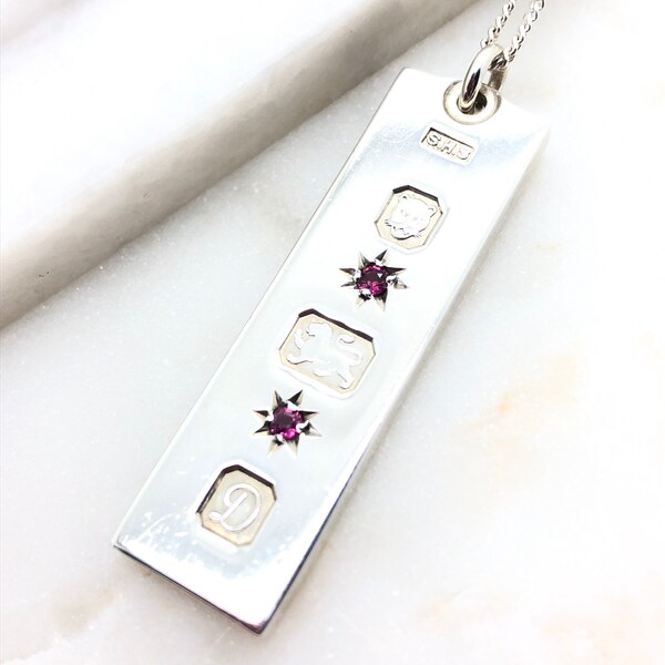 Vintage Sterling Silver & Garnet Ingot Pendant Necklace | 1978 Ingot Pendant