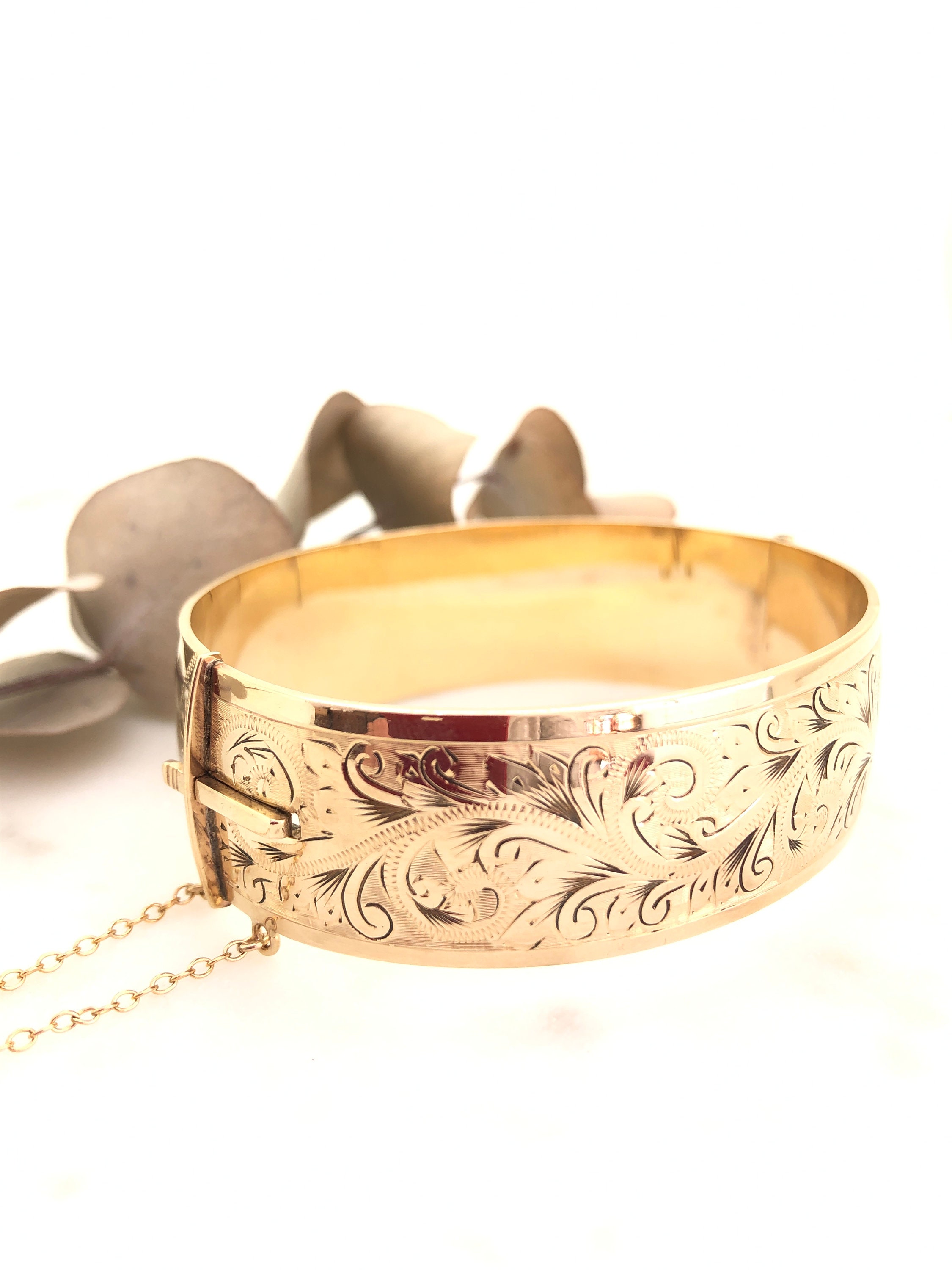 Vintage 9ct Gold Metal Core Engraved Bangle Bracelet Etsy