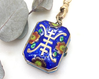 Vintage Sterling Silver Gilt Cloisonné Enamel Locket Fob Pendant Necklace