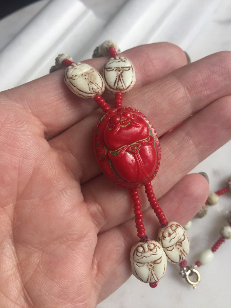 Vintage Czech Neiger Egyptian Rival Scarab Glass Beads Necklace