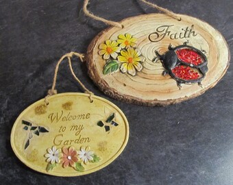 2 Resin Garden Plaques - Hanging Signs - "Welcome to my Garden" & "Faith" Ladybug and Daisies with Twine Rose Hangers