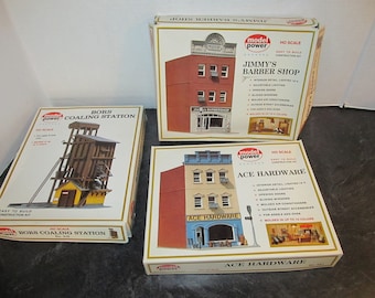3 Vintage Model Power HO Scale Buildings /#410 Bors Coaling Station/#461 Ace Hardware /#462 Jimmy's Barber Shop / New in Box w/ Instructions