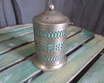 Vintage Hammered Silver Metal Canister with Blue Insert & Spoon Holder - Missing Spoon