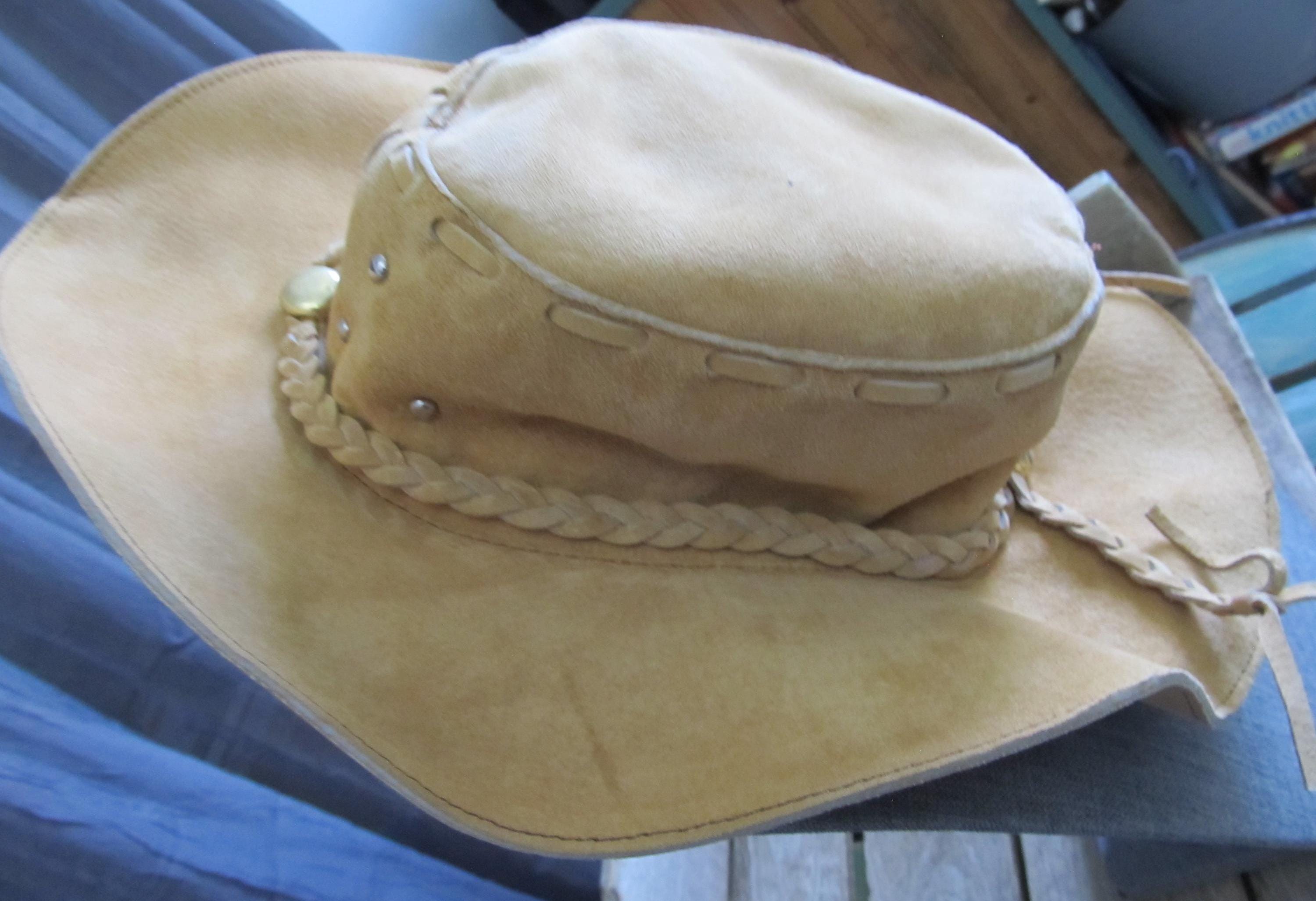 Vintage Tan Beige Leather Bolero Cowboy Hat Brown Suede 