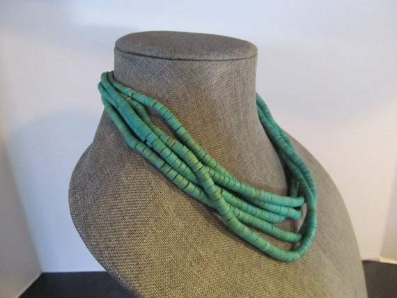 Vintage Teal Multi Strand Wooden Beaded Necklace … - image 2