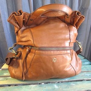 Vintage Lucky Brand Soft Brown 100% Lamb Leather Slouch Foldover Purse Top Handle Handbag