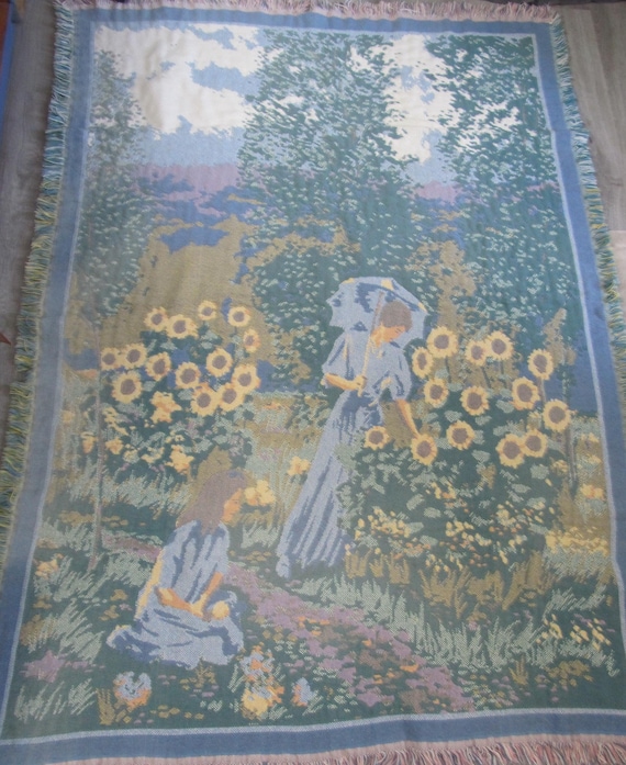 デッドストックGOODWIN WEAVERS コットン100%127×173cm Vintage Goodwin Weavers Sunflower Garden Tapestry Blanket Throw