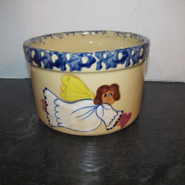 Vintage Alpine Pottery Crock Roseville Ohio / Hand Painted Angel Mini Crock for Missy's Candles Blue Spongeware 4" Tall