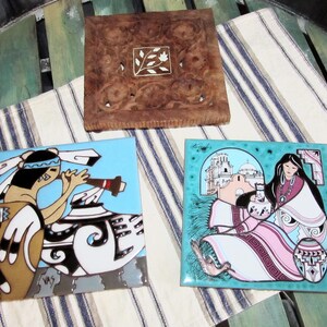 Choice of Vintage Hot Pads / Trivets ~Earthtones Southwestern Or Teissedre Designs Tile Trivets / India Carved Wood Flower Inlay Pot Holder