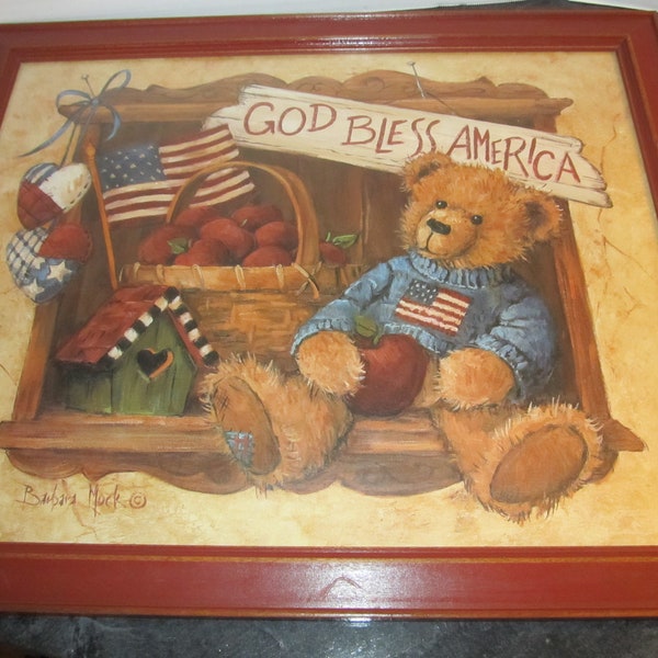 Vintage Home Interiors Americana Red Wood Framed Wall Hanging "God Bless America" Barbara Mock 22 3/4" x 18 3/4"