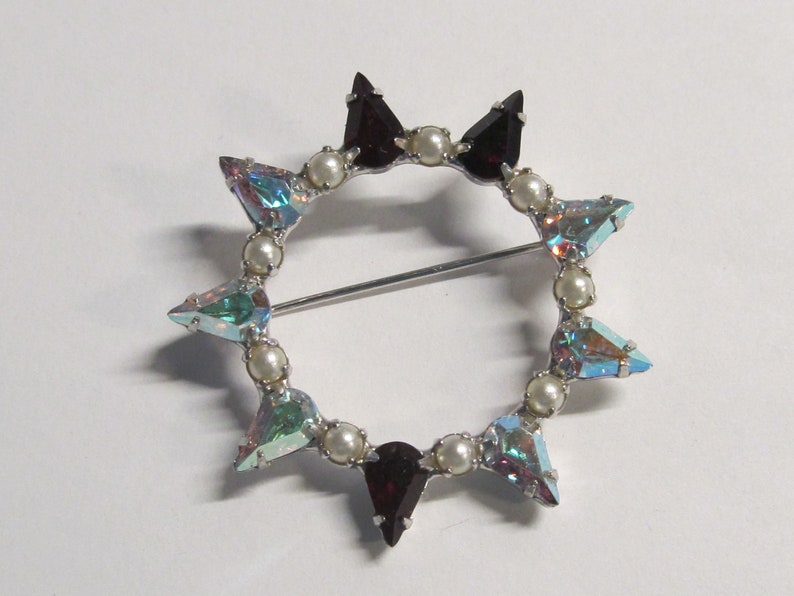 Vintage Signed B David Jewelry Prong Set Aurora Borealis Ruby Red Rhinestones Faux Pearl Brooch with Matching Clip On Earrings Silver Tone