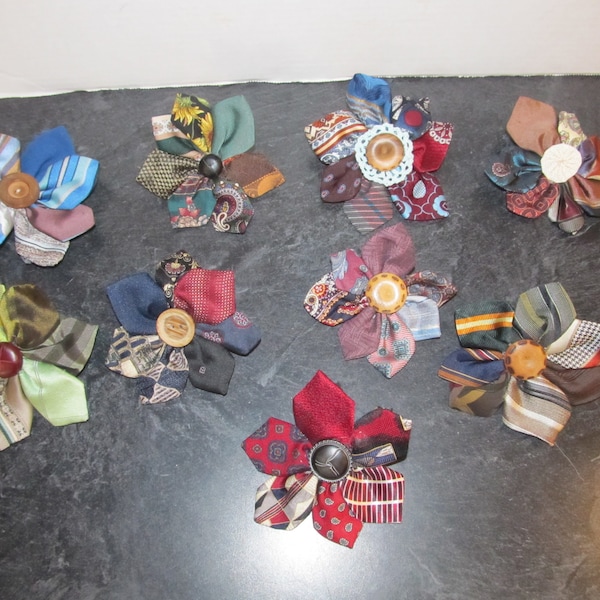 Hand Made Upcycled Tie Fabrics / 4" - 5" Statement Flower Floral  Brooch / Barrettes - Choice of Colors / Styles / You Choose