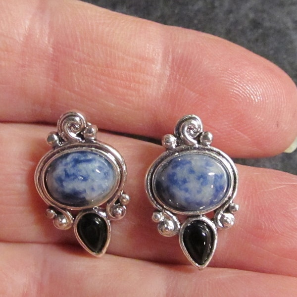 Vintage Signed "Roman" Blue Marble & Black Silver Tone Pierced Earrings Elegant Evenings Wedding Jewelry