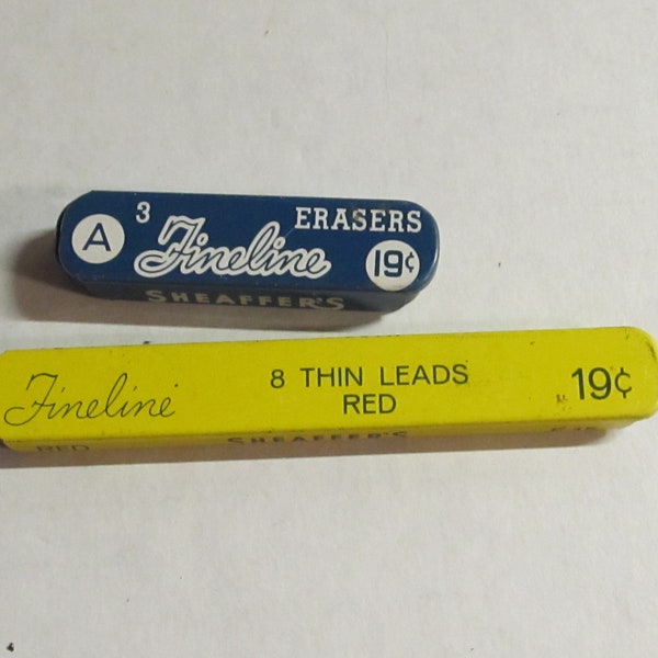 2 Vintage Sheaffer's Fineline Refills / Type A Fineline Erasers 3 Pack 19C Original Metal Tin & Fineline Thin Leads Red Black 19C Type F15