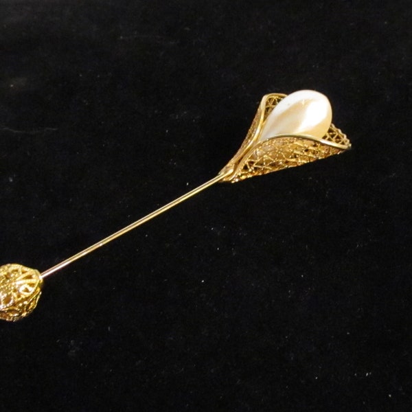 Vintage Gold Tone Filigree Wrapped Faux Pearl Stickpin Hat Pin 3 3/8" Tall Gold Filigree Ball Cap