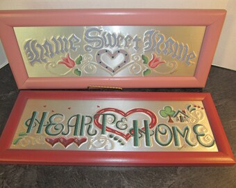 2 Vintage Framed Punched Tin Wall Hangings "The Pleasant Look" Salisbury NC Hand Crafted - Home Sweet Home / Heart & Home Punched Tin
