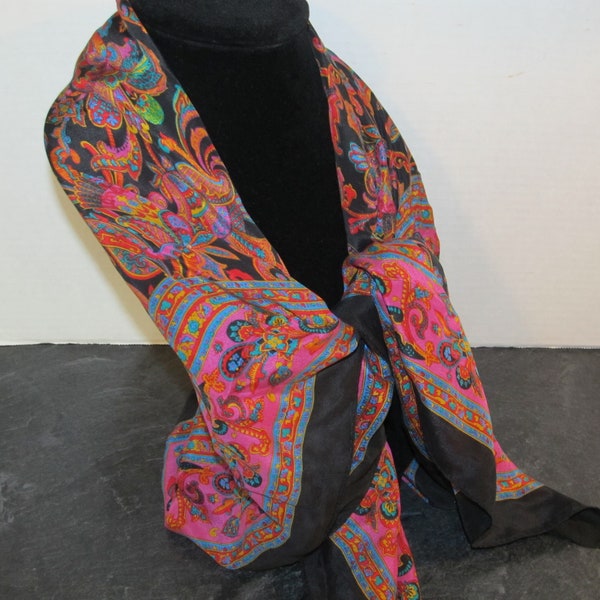 Beautiful Vintage Rainbow Peacock Feather Print on Black Scarf Shawl 29" Square Bright Colors