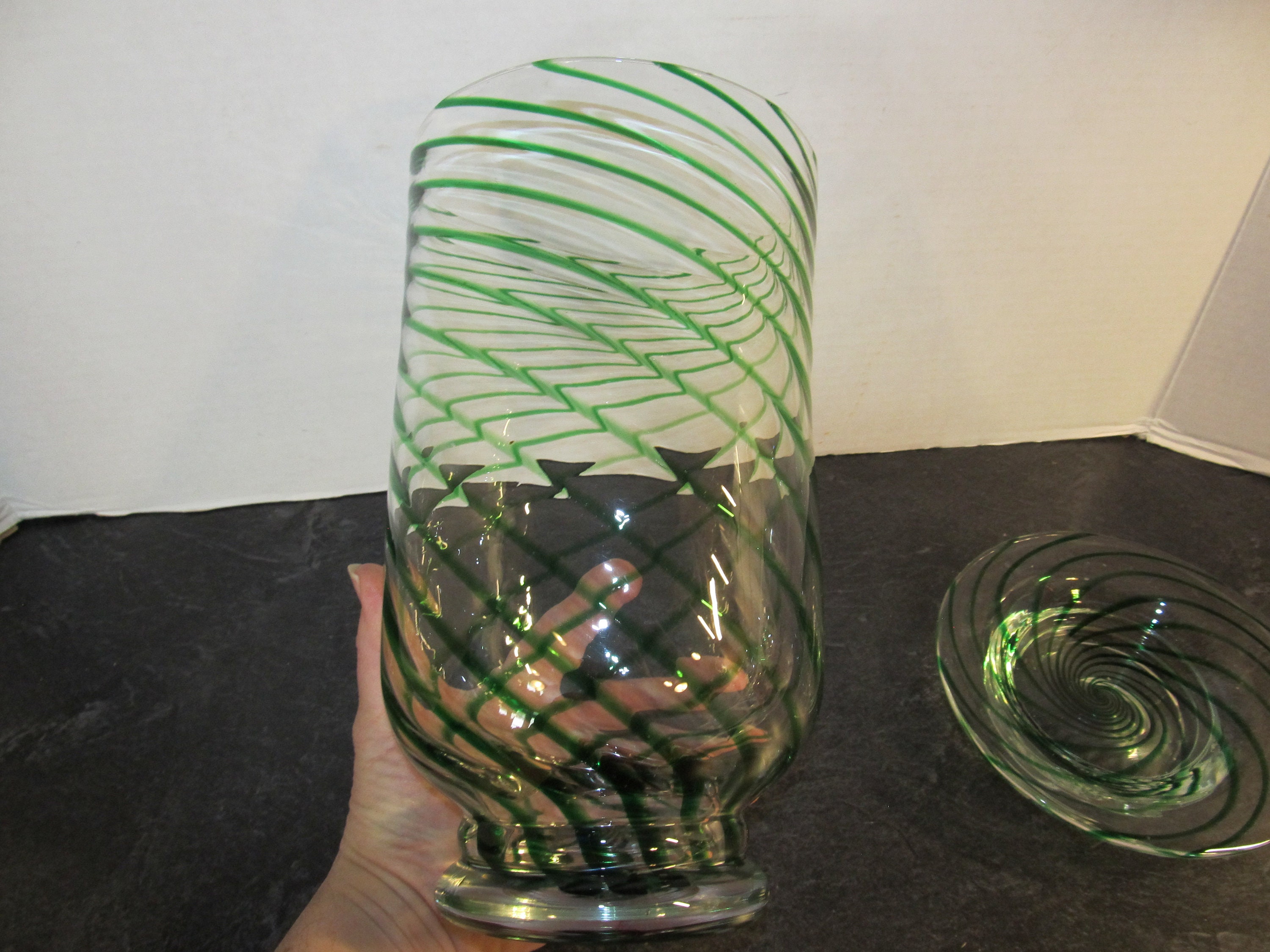 Vintage Green Swirl Art Glass Vase & Matching Plate Heavy Etsy