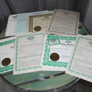 May include: A collection of eight official-looking documents with green borders and gold seals. The documents are titled "Birth Certificate", "Official Adoption Papers", and "BabyLand General Hospital".